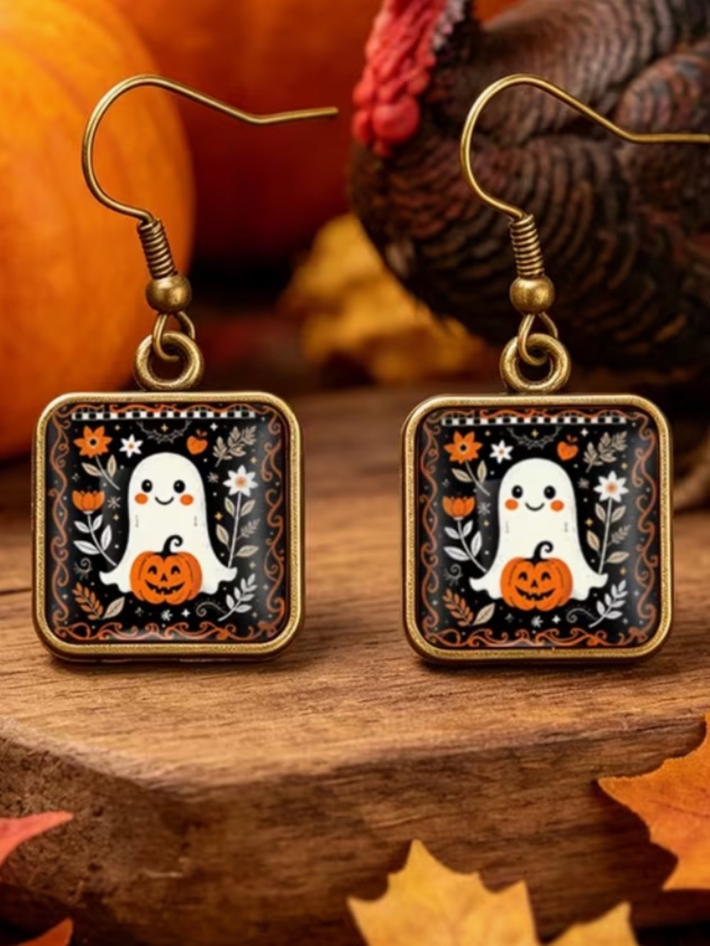 Halloween Antique Look Glass Ghost and Pumpkin Pierced Drop Earrings